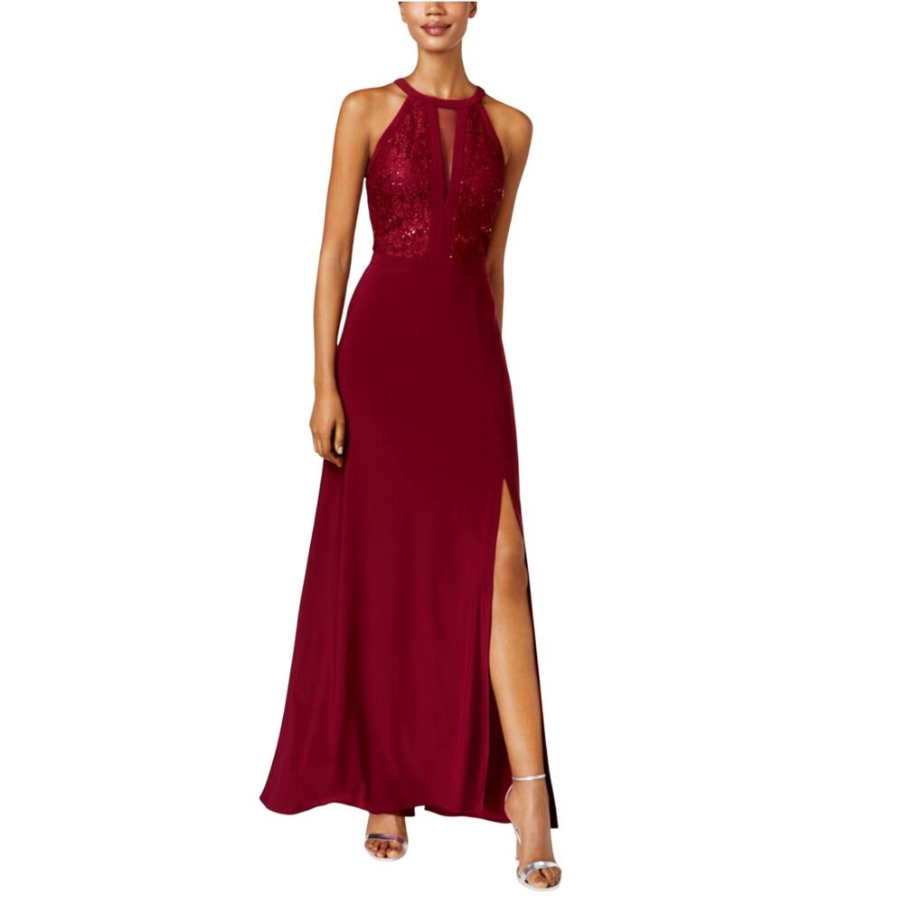 Nightway Sequined Lace Sleeveless Halter Evening Gown Merlot Red Size 8 Dress